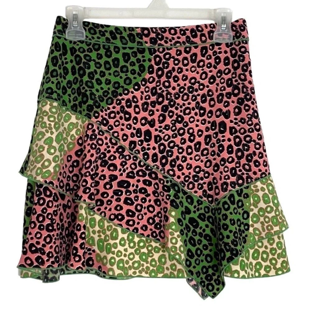 Derek Lam 10 Crosby Ruffle Leopard Print Skirt Pink Green Layered Size 6 Small - Picture 2 of 12
